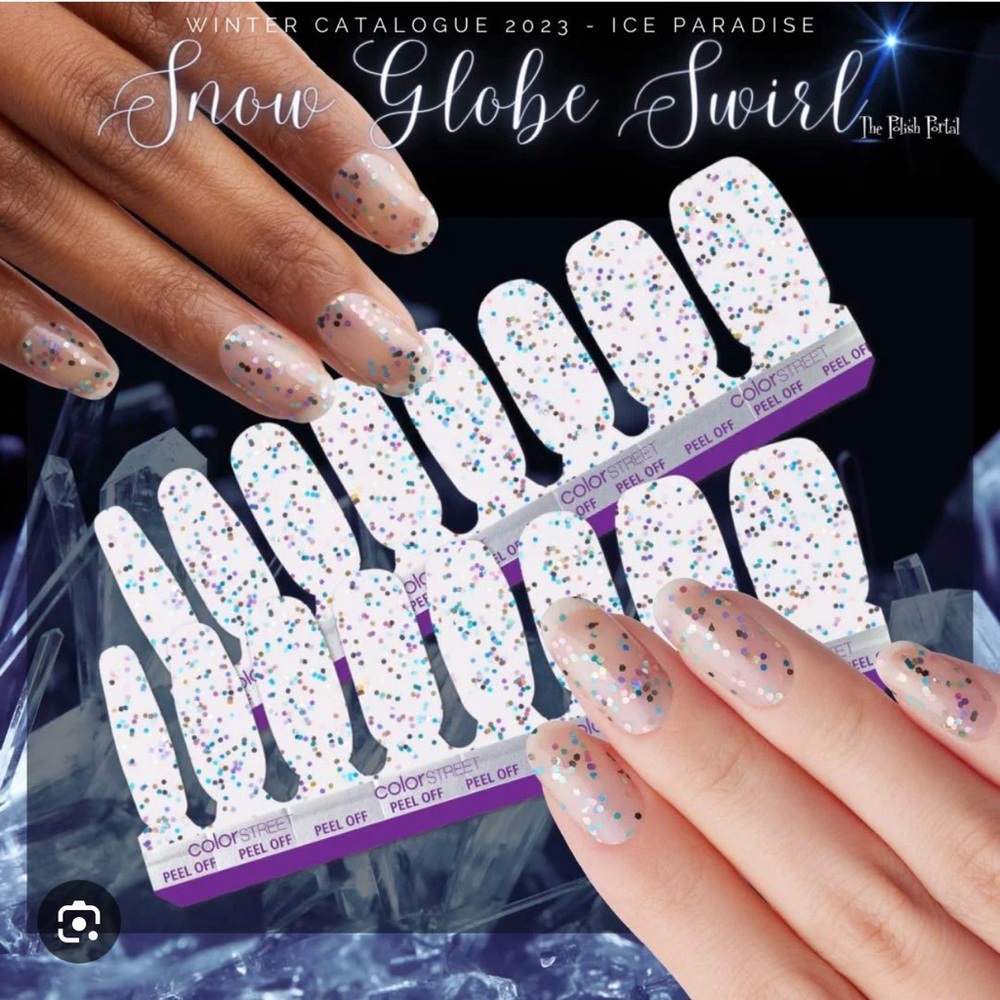 Color Street Snow Globe Swirl White Nail Wraps with Multicolor Glitter